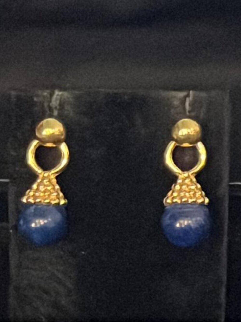 Blue Bead Under Gold Tone Cone and Circle Earrings